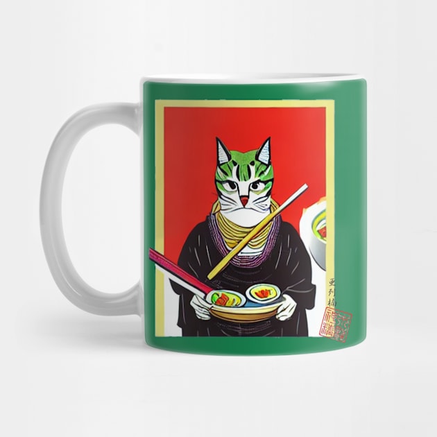 Samurai Cat Enjoying Ramen by Master Alex Designs